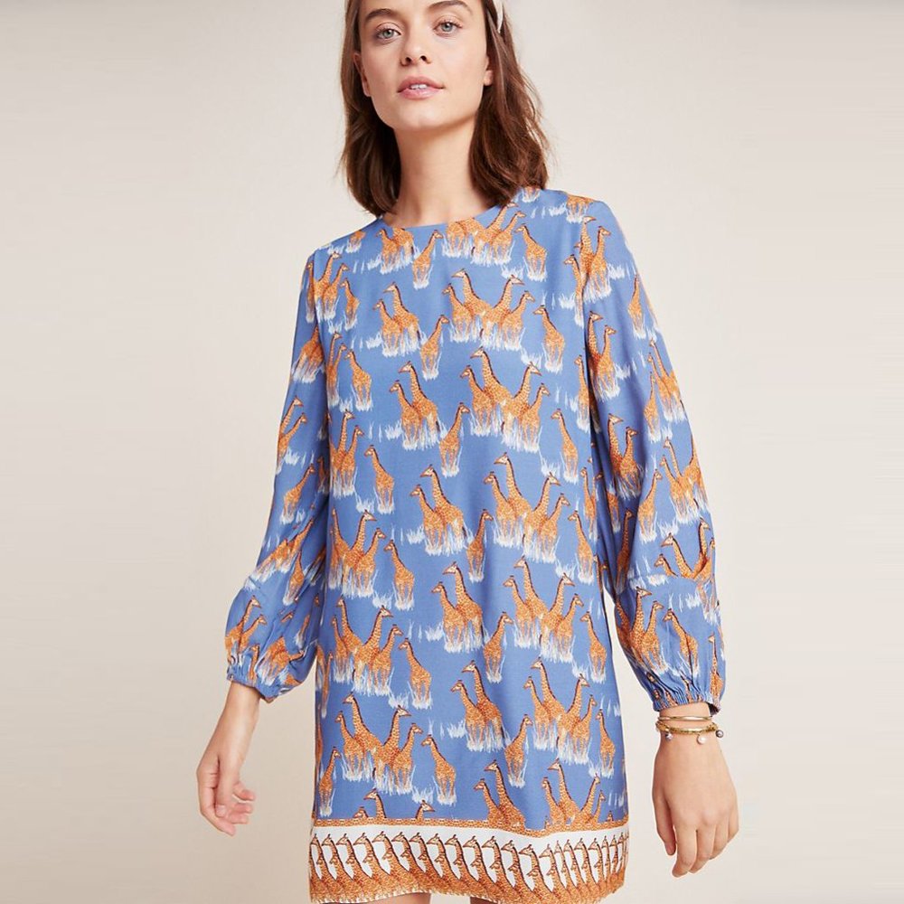 Corey Lynn Calter Blue and Orange Long Sleeve Giraffe Print Shift Dress